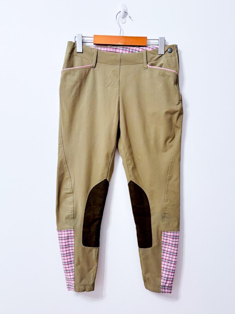 EQUINE COUTURE Khaki Plaid Suede Knee Patch Equestrian Breeches Size 28